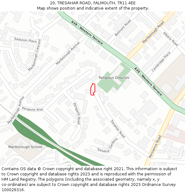 20, TRESAHAR ROAD, FALMOUTH, TR11 4EE: Location map and indicative extent of plot