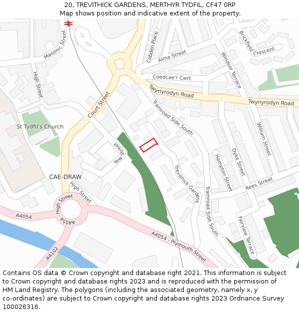 20, TREVITHICK GARDENS, MERTHYR TYDFIL, CF47 0RP: Location map and indicative extent of plot