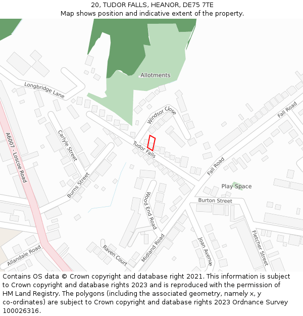 20, TUDOR FALLS, HEANOR, DE75 7TE: Location map and indicative extent of plot
