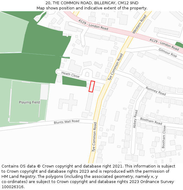 20, TYE COMMON ROAD, BILLERICAY, CM12 9ND: Location map and indicative extent of plot
