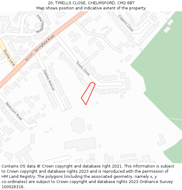 20, TYRELLS CLOSE, CHELMSFORD, CM2 6BT: Location map and indicative extent of plot