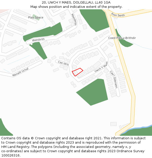 20, UWCH Y MAES, DOLGELLAU, LL40 1GA: Location map and indicative extent of plot
