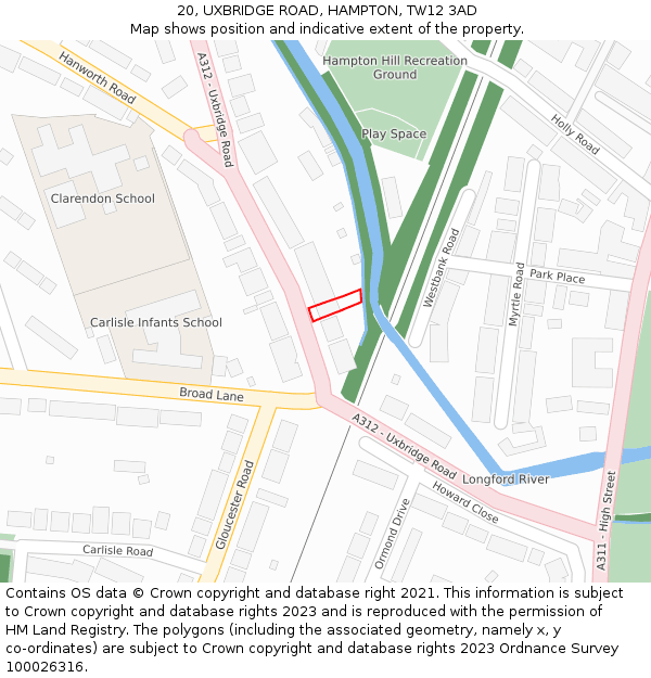 20, UXBRIDGE ROAD, HAMPTON, TW12 3AD: Location map and indicative extent of plot