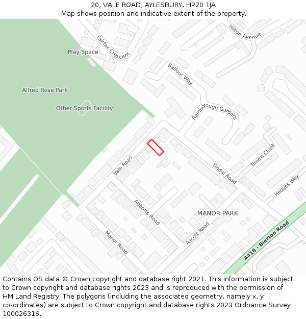 20, VALE ROAD, AYLESBURY, HP20 1JA: Location map and indicative extent of plot