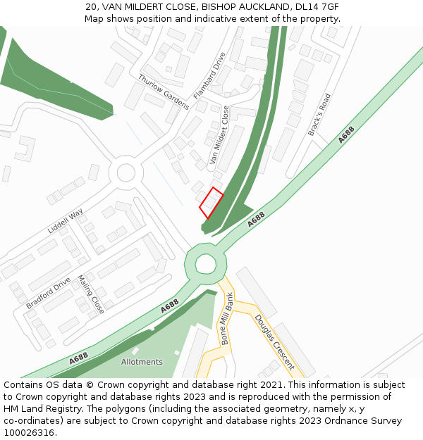 20, VAN MILDERT CLOSE, BISHOP AUCKLAND, DL14 7GF: Location map and indicative extent of plot