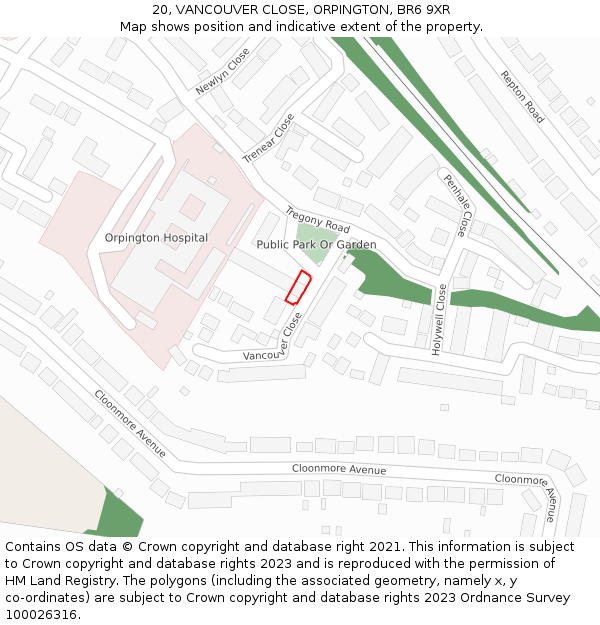 20, VANCOUVER CLOSE, ORPINGTON, BR6 9XR: Location map and indicative extent of plot