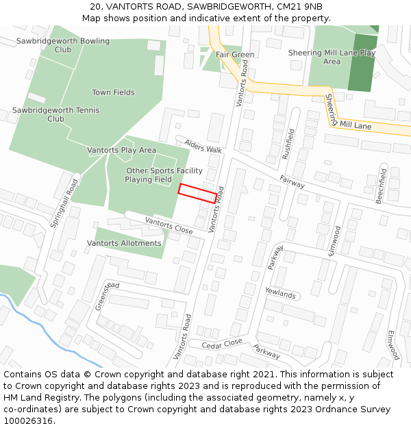 20, VANTORTS ROAD, SAWBRIDGEWORTH, CM21 9NB: Location map and indicative extent of plot