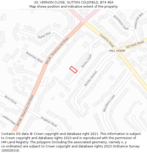 20, VERNON CLOSE, SUTTON COLDFIELD, B74 4EA: Location map and indicative extent of plot