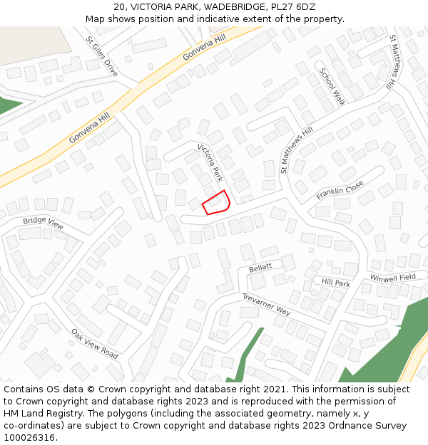 20, VICTORIA PARK, WADEBRIDGE, PL27 6DZ: Location map and indicative extent of plot