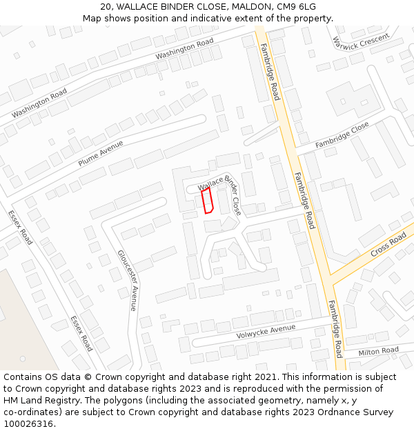 20, WALLACE BINDER CLOSE, MALDON, CM9 6LG: Location map and indicative extent of plot