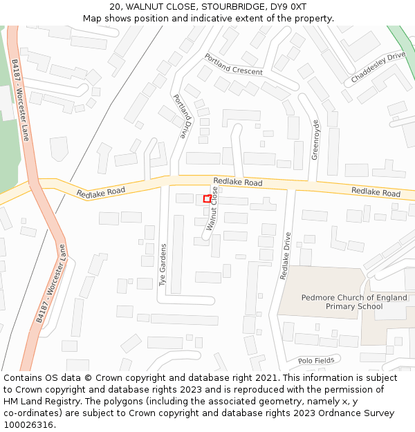 20, WALNUT CLOSE, STOURBRIDGE, DY9 0XT: Location map and indicative extent of plot