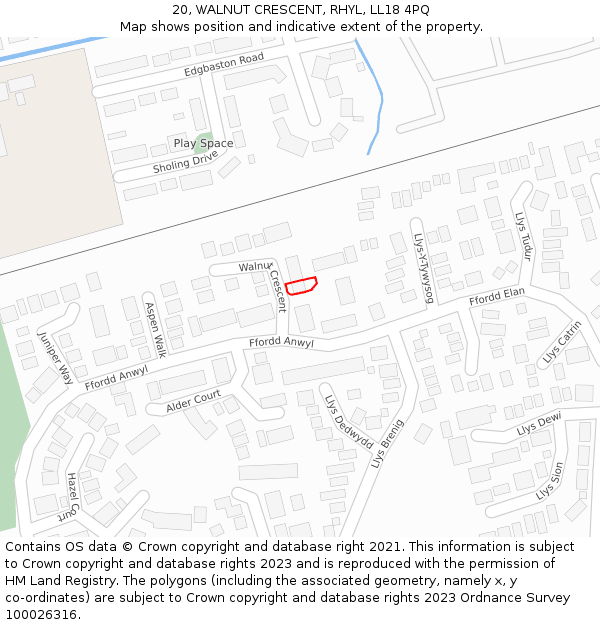 20, WALNUT CRESCENT, RHYL, LL18 4PQ: Location map and indicative extent of plot