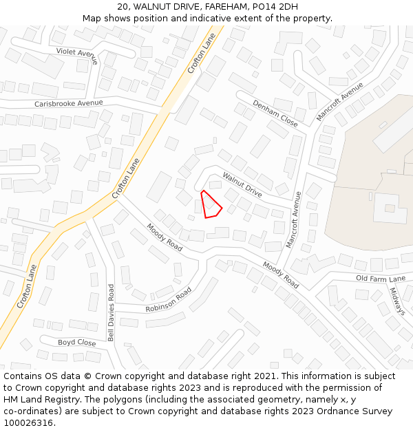 20, WALNUT DRIVE, FAREHAM, PO14 2DH: Location map and indicative extent of plot