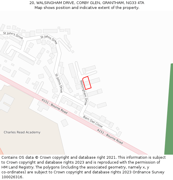 20, WALSINGHAM DRIVE, CORBY GLEN, GRANTHAM, NG33 4TA: Location map and indicative extent of plot