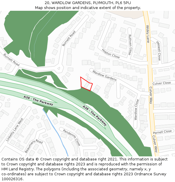 20, WARDLOW GARDENS, PLYMOUTH, PL6 5PU: Location map and indicative extent of plot