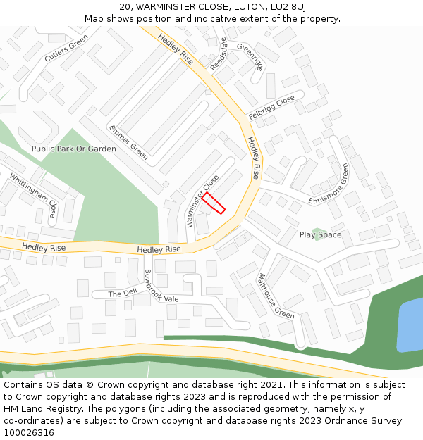 20, WARMINSTER CLOSE, LUTON, LU2 8UJ: Location map and indicative extent of plot