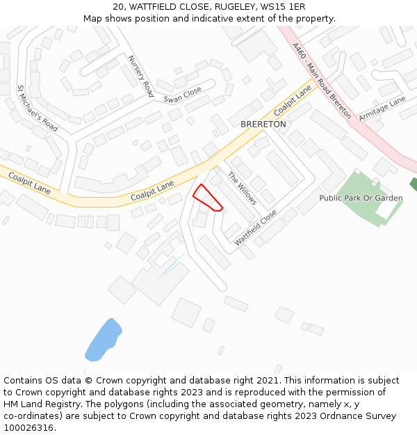 20, WATTFIELD CLOSE, RUGELEY, WS15 1ER: Location map and indicative extent of plot