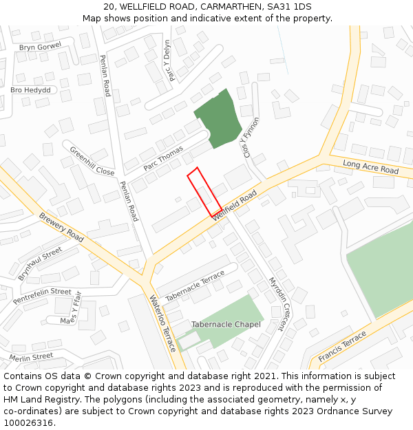 20, WELLFIELD ROAD, CARMARTHEN, SA31 1DS: Location map and indicative extent of plot