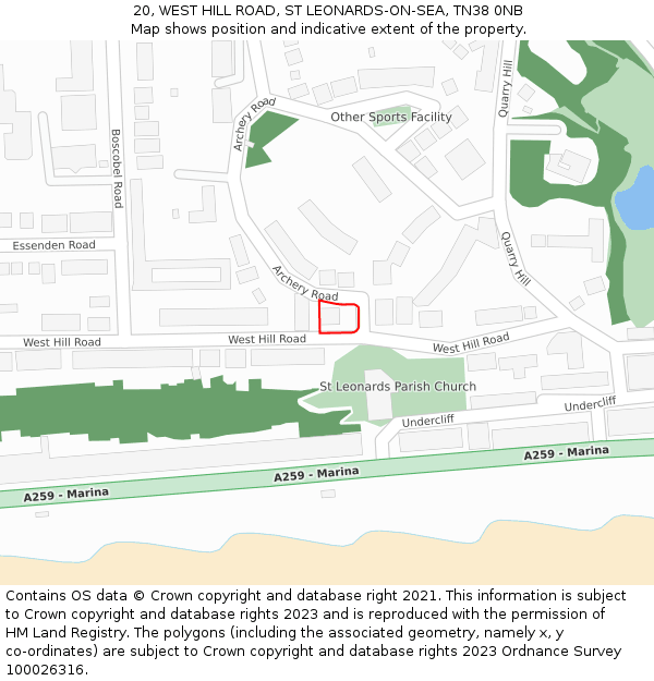 20, WEST HILL ROAD, ST LEONARDS-ON-SEA, TN38 0NB: Location map and indicative extent of plot