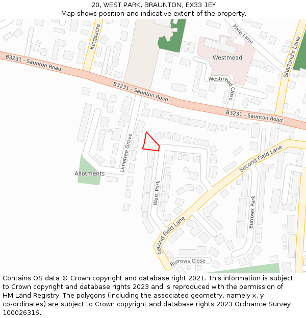 20, WEST PARK, BRAUNTON, EX33 1EY: Location map and indicative extent of plot