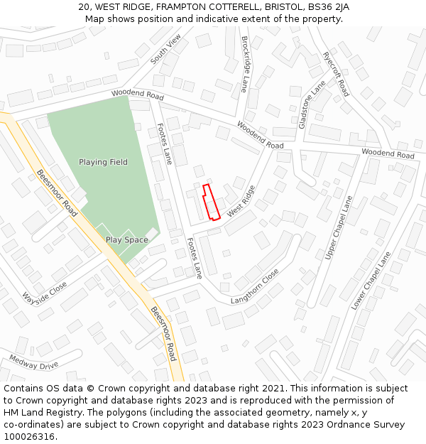 20, WEST RIDGE, FRAMPTON COTTERELL, BRISTOL, BS36 2JA: Location map and indicative extent of plot