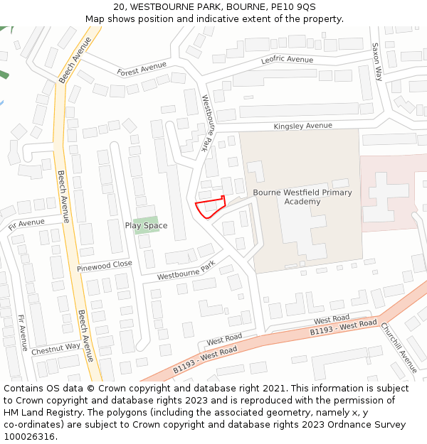 20, WESTBOURNE PARK, BOURNE, PE10 9QS: Location map and indicative extent of plot