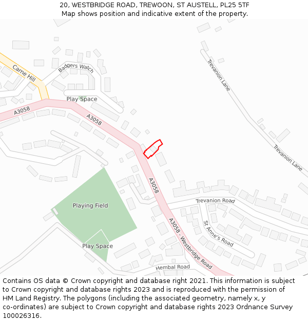20, WESTBRIDGE ROAD, TREWOON, ST AUSTELL, PL25 5TF: Location map and indicative extent of plot