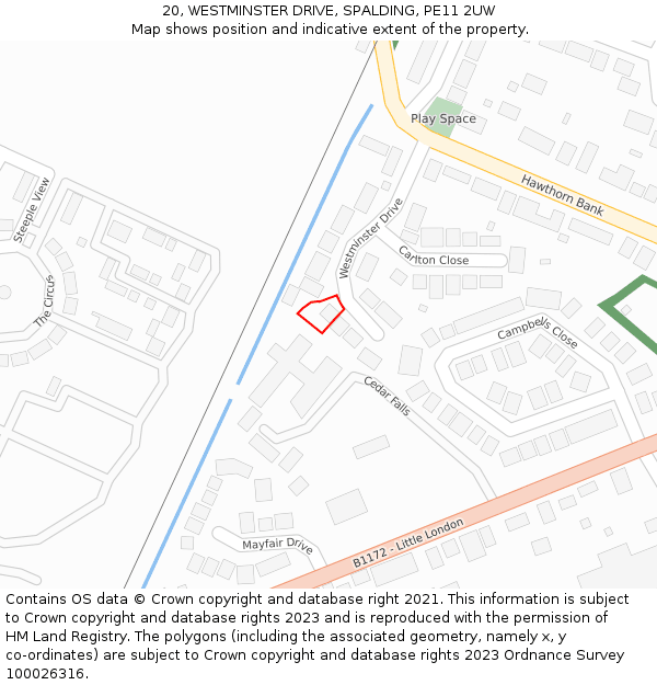 20, WESTMINSTER DRIVE, SPALDING, PE11 2UW: Location map and indicative extent of plot