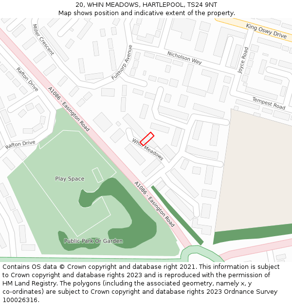 20, WHIN MEADOWS, HARTLEPOOL, TS24 9NT: Location map and indicative extent of plot