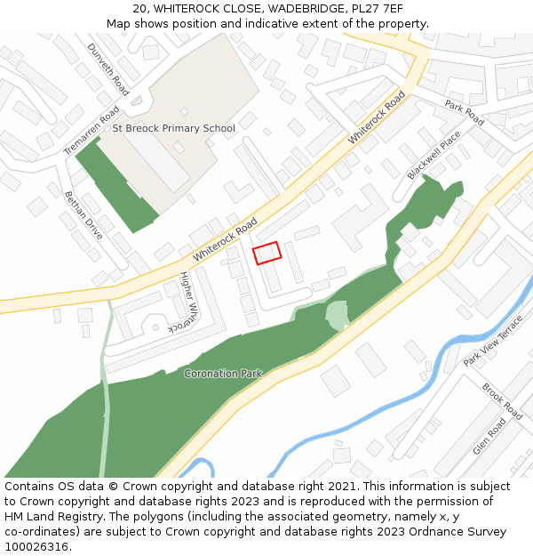 20, WHITEROCK CLOSE, WADEBRIDGE, PL27 7EF: Location map and indicative extent of plot