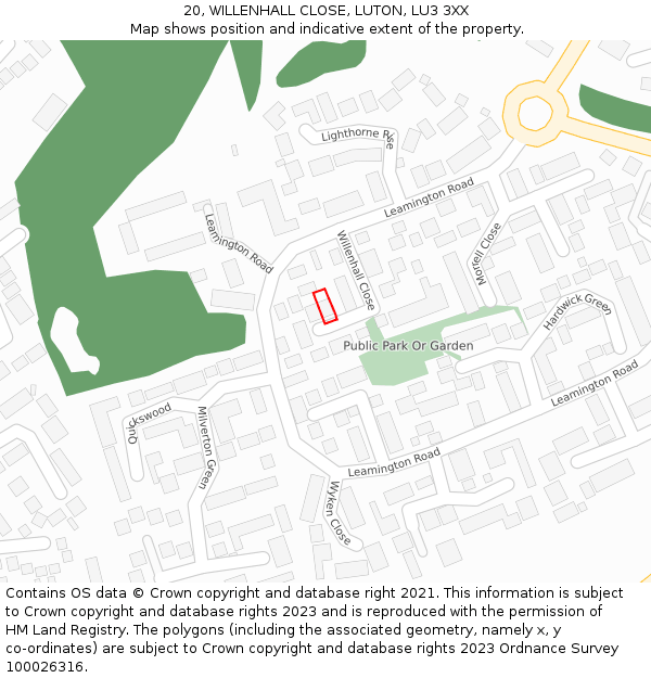 20, WILLENHALL CLOSE, LUTON, LU3 3XX: Location map and indicative extent of plot