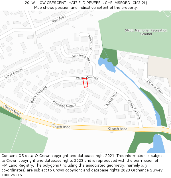 20, WILLOW CRESCENT, HATFIELD PEVEREL, CHELMSFORD, CM3 2LJ: Location map and indicative extent of plot