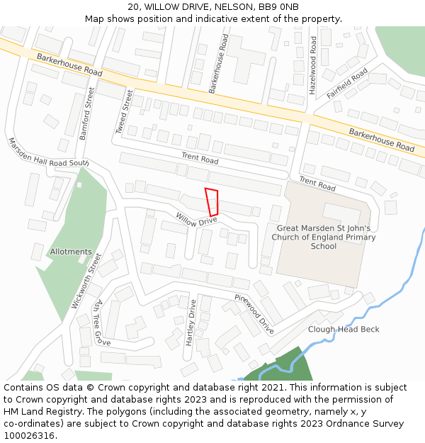 20, WILLOW DRIVE, NELSON, BB9 0NB: Location map and indicative extent of plot