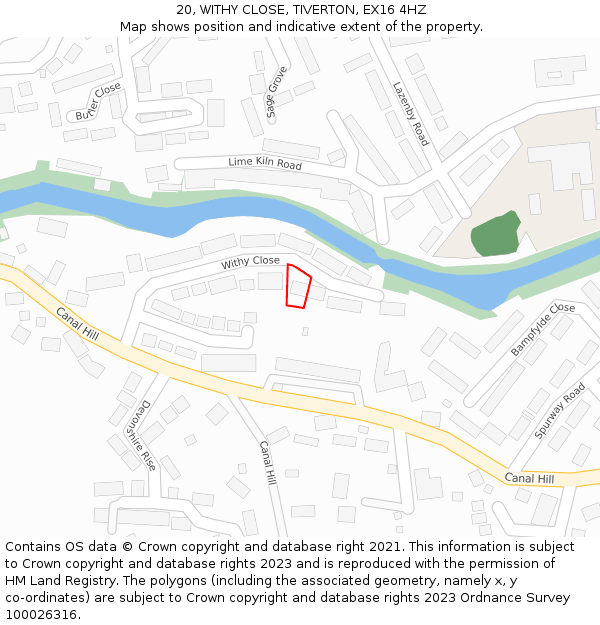 20, WITHY CLOSE, TIVERTON, EX16 4HZ: Location map and indicative extent of plot