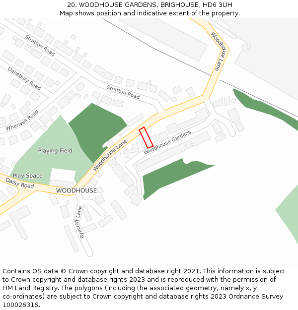 20, WOODHOUSE GARDENS, BRIGHOUSE, HD6 3UH: Location map and indicative extent of plot