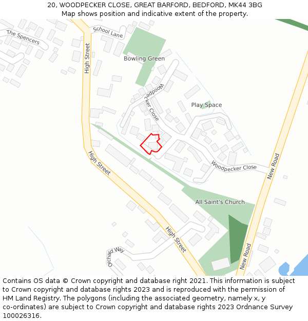 20, WOODPECKER CLOSE, GREAT BARFORD, BEDFORD, MK44 3BG: Location map and indicative extent of plot