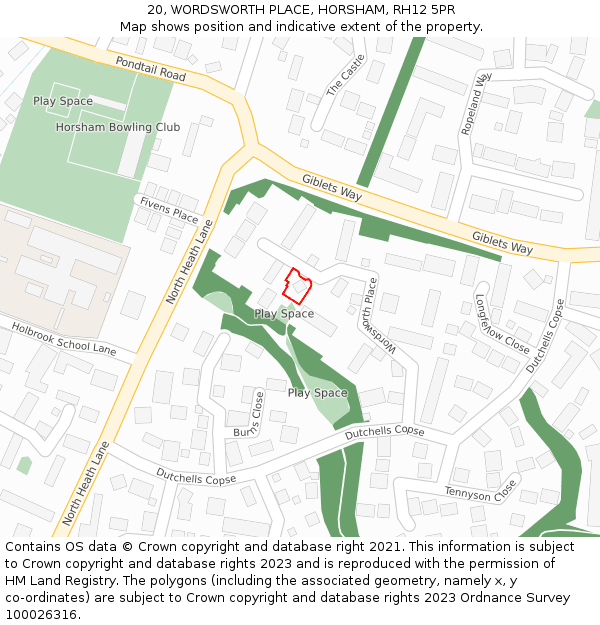 20, WORDSWORTH PLACE, HORSHAM, RH12 5PR: Location map and indicative extent of plot
