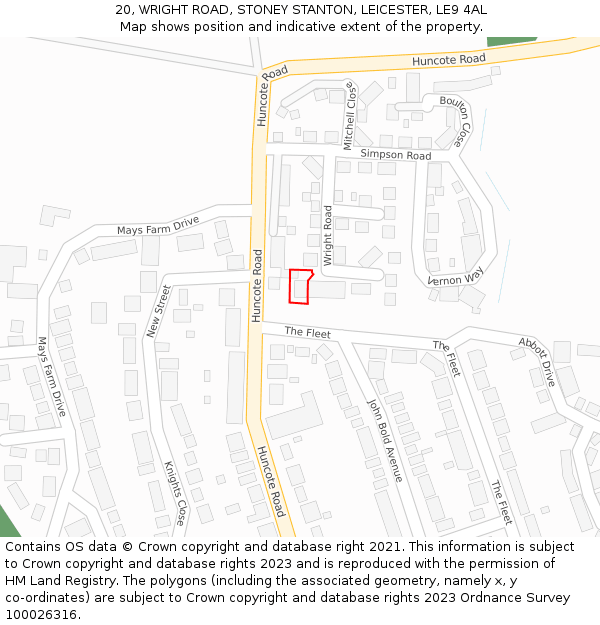 20, WRIGHT ROAD, STONEY STANTON, LEICESTER, LE9 4AL: Location map and indicative extent of plot