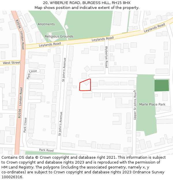 20, WYBERLYE ROAD, BURGESS HILL, RH15 8HX: Location map and indicative extent of plot