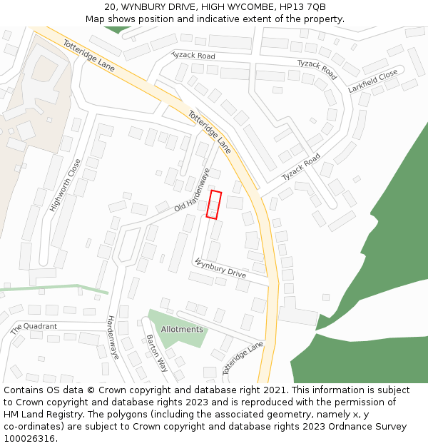 20, WYNBURY DRIVE, HIGH WYCOMBE, HP13 7QB: Location map and indicative extent of plot