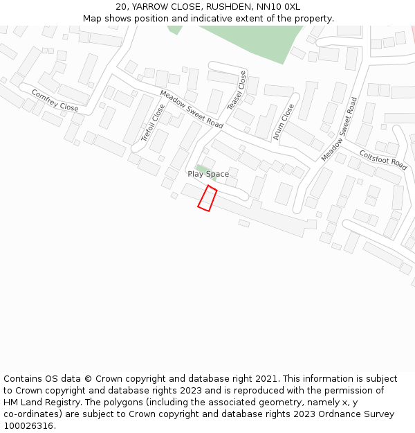 20, YARROW CLOSE, RUSHDEN, NN10 0XL: Location map and indicative extent of plot