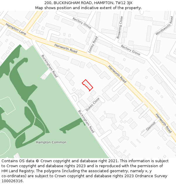 200, BUCKINGHAM ROAD, HAMPTON, TW12 3JX: Location map and indicative extent of plot