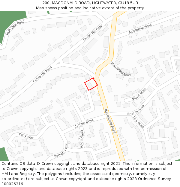 200, MACDONALD ROAD, LIGHTWATER, GU18 5UR: Location map and indicative extent of plot