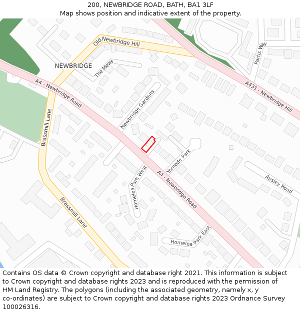 200, NEWBRIDGE ROAD, BATH, BA1 3LF: Location map and indicative extent of plot