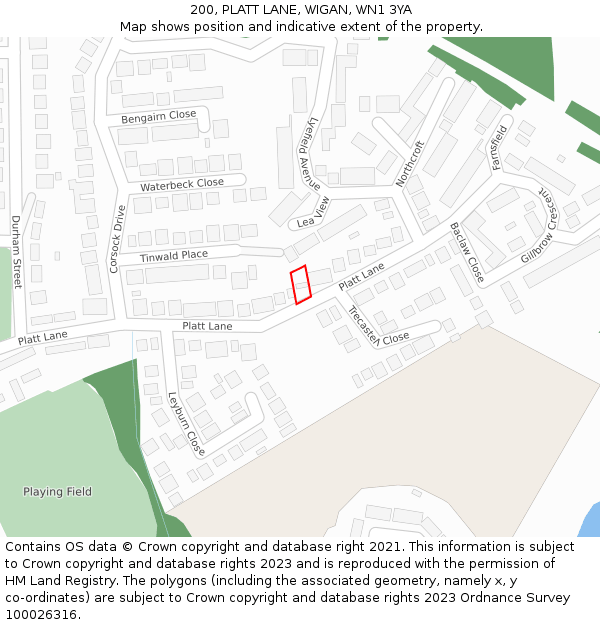 200, PLATT LANE, WIGAN, WN1 3YA: Location map and indicative extent of plot