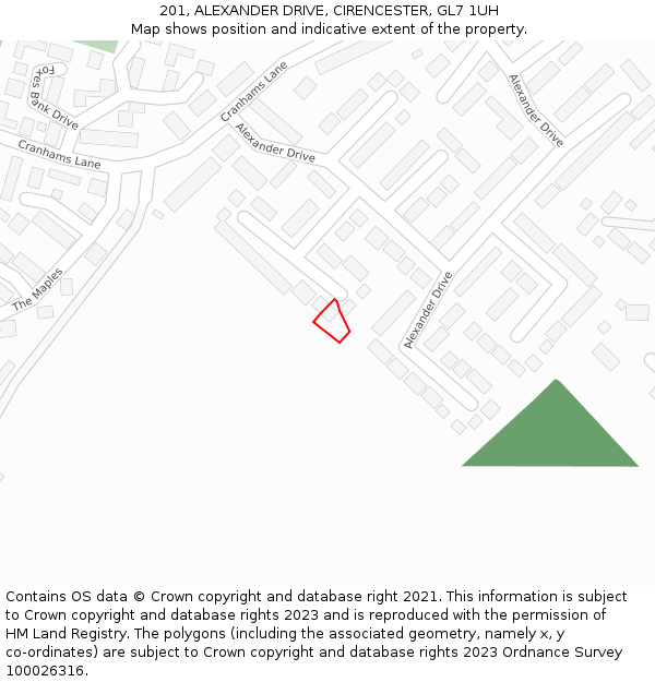 201, ALEXANDER DRIVE, CIRENCESTER, GL7 1UH: Location map and indicative extent of plot