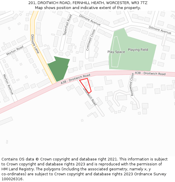 201, DROITWICH ROAD, FERNHILL HEATH, WORCESTER, WR3 7TZ: Location map and indicative extent of plot