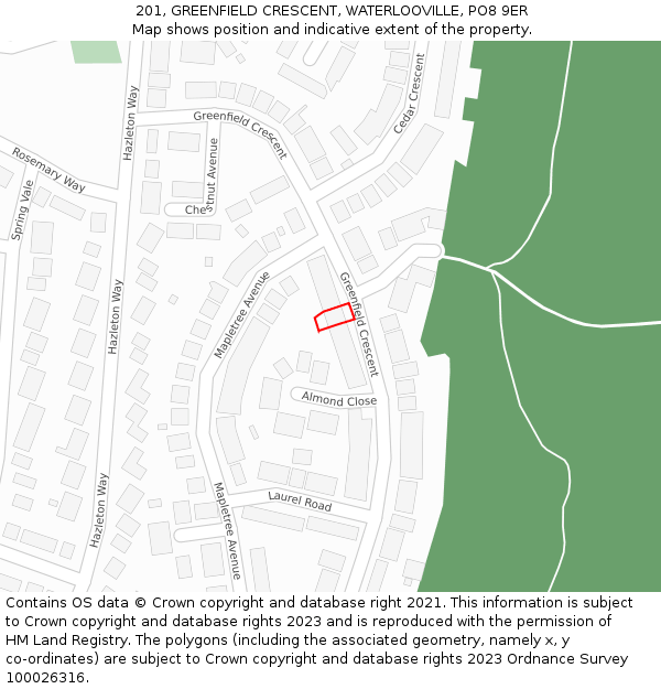 201, GREENFIELD CRESCENT, WATERLOOVILLE, PO8 9ER: Location map and indicative extent of plot
