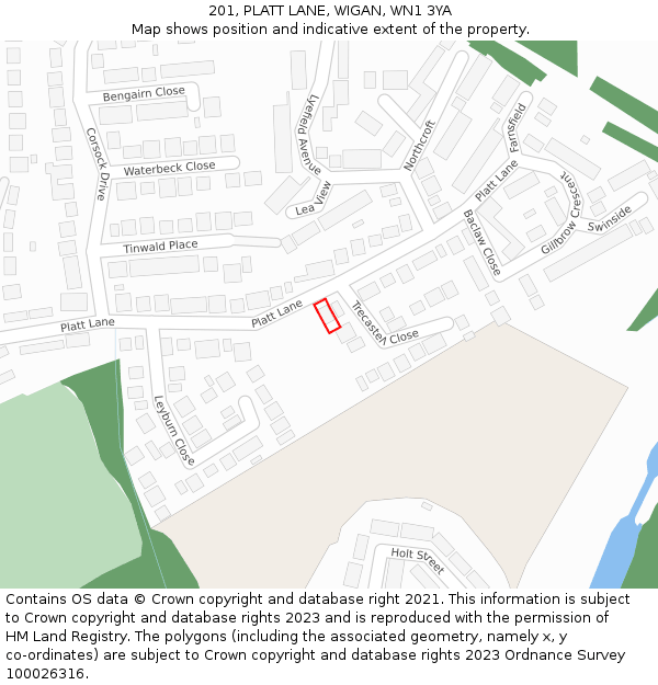 201, PLATT LANE, WIGAN, WN1 3YA: Location map and indicative extent of plot