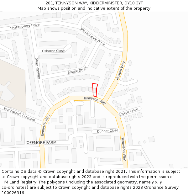 201, TENNYSON WAY, KIDDERMINSTER, DY10 3YT: Location map and indicative extent of plot